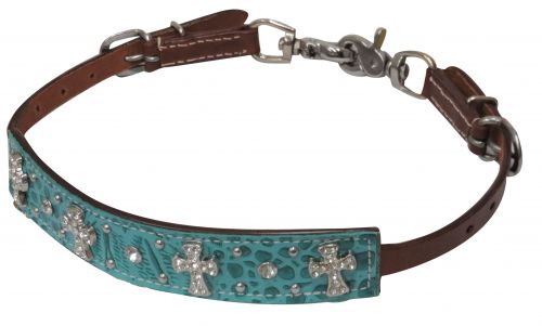 Teal alligator print leather wither strap with crystal rhinestone cross conchos- Teal alligator print leather wither strap with crystal rhinestone cross conchos
