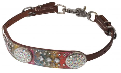 Crystal rhinestone concho wither strap with rainbow metallic paisley print overlay- Crystal rhinestone concho wither strap with rainbow metallic paisley print overlay