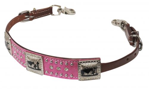 Pink paisley overlay wither strap with praying cowboy conchos- Pink paisley overlay wither strap with praying cowboy conchos