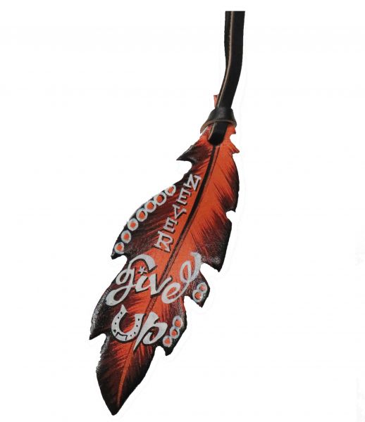" Never Give Up" copper hand painted tie-on feather- Never Give Up copper hand painted tie-on feather