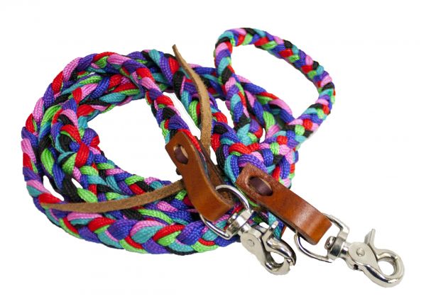 Multi color braided nylon contest rein with scissor snap ends-Multi color braided nylon contest rein with scissor snap ends