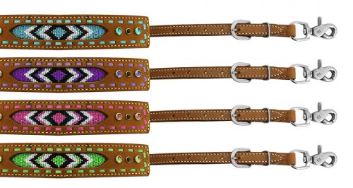 Medium leather wither strap with beaded inlay-Medium leather wither strap with beaded inlay