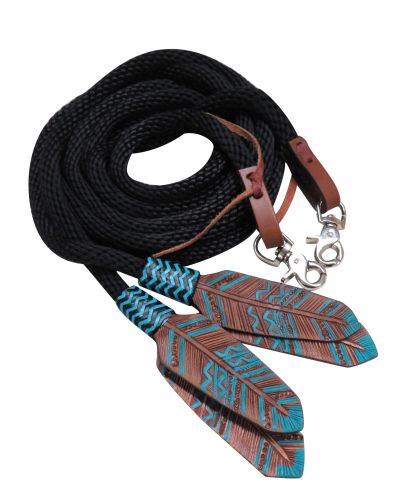 8ft round braided nylon split reins with teal painted feather popper-8ft round braided nylon split reins with teal painted feather popper