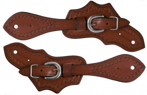 Ladies/ Youth size Argentina cow leather spur straps with a scalloped tooled border- Ladies/ Youth size Argentina cow leather spur straps with a scalloped tooled border