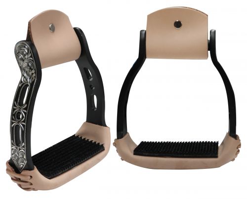 Light weight black aluminum stirrups with engraved and cut out design- Light weight black aluminum stirrups with engraved and cut out design