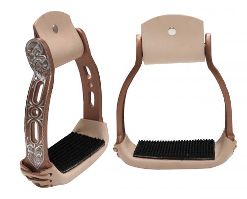 Light weight copper colored aluminum stirrups with engraved and cut out design-Light weight copper colored aluminum stirrups with engraved and cut out design