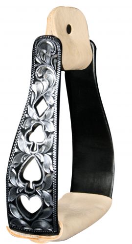 Black Aluminum Stirrups with Silver Engraving and Cut Out Poker Suit Designs- Black Aluminum Stirrups with Silver Engraving and Cut Out Poker Suit Designs