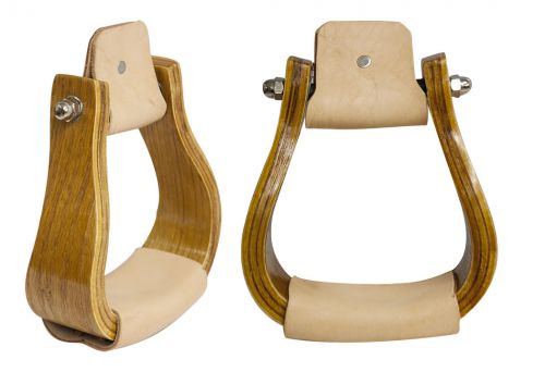 Curved wooden stirrup with leather tread.-Curved wooden stirrup with leather tread.
