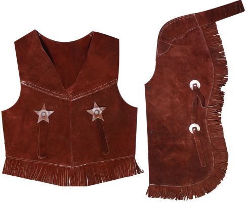 Kid's size suede leather chap and vest outfit with fringe-Kid's size suede leather chap and vest outfit with fringe