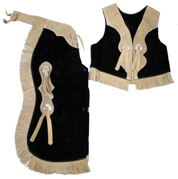 Kid's size two tone suede leather chap and vest outfit with fringe-Kid's size two tone suede leather chap and vest outfit with fringe