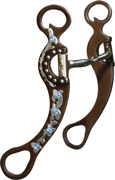 brown steel bit with engraved silver flower detailing with rhinestone accents on the 8.75" cheeks. Stainless steel 5" broken mouth.- brown steel bit with engraved silver flower detailing with rhinestone accents on the 8.75 cheeks. Stainless steel 5 broken mouth.