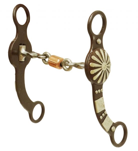 Brown steel concho style bit with copper roller dogbone mouth-Brown steel concho style bit with copper roller dogbone mouth