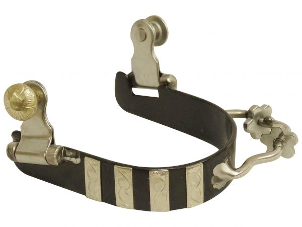 Ladies black steel bumper spurs with engraved silver bar overlays- Ladies black steel bumper spurs with engraved silver bar overlays