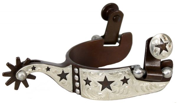 Youth size antique brown steel silver show spur with cut out star and dot overlay-youth size antique brown steel silver show spur with cut out star and dot overlay