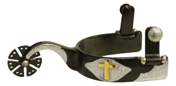 Men's Black steel spur with gold cross overlay-Men's Black steel spur with gold cross overlay