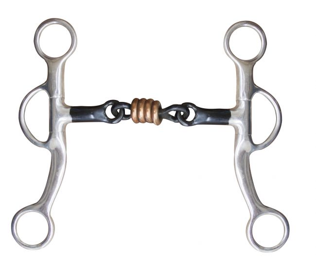 5" sweet iron dog bone mouth curb bit with copper rings.- 5 sweet iron dog bone mouth curb bit with copper rings.