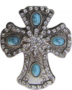 Silver Engraved Cross Concho with Crystal Rhinestones and Turquoise Stones-Silver Engraved Cross Concho with Crystal Rhinestones and Turquoise Stones