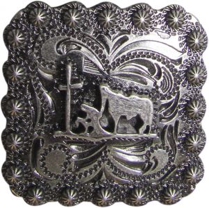Brushed Nickel Engraved Concho with Praying Cowboy-Brushed Nickel Engraved Concho with Praying Cowboy