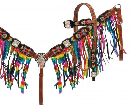 Navajo embroidered headstall and breast collar set with Metallic rainbow fringe- Navajo embroidered headstall and breast collar set with Metallic rainbow fringe