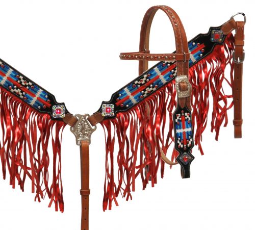 Navajo embroidered headstall and breast collar set with metallic fringe-Navajo embroidered headstall and breast collar set with metallic fringe