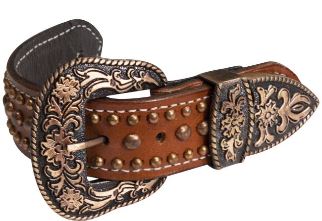Leather copper studded belt spur straps-Leather copper studded belt spur straps