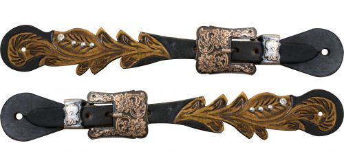 Adult size Cut out tooled spur straps with crystal rhinestones-Adult size Cut out tooled spur straps with crystal rhinestones