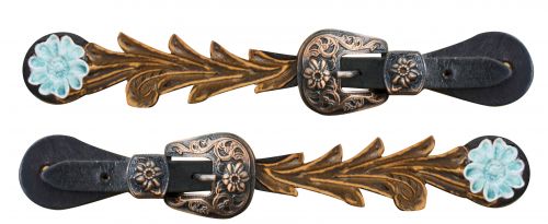 Adult size Cut out tooled spur straps with teal painted daisy-Adult size Cut out tooled spur straps with teal painted daisy