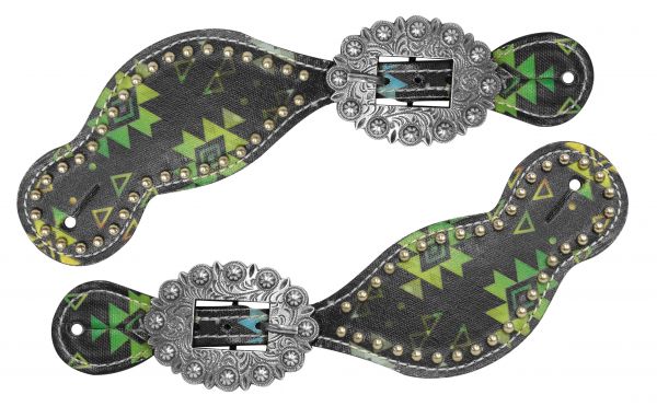 Ladies size spur straps with lime color aztec design-Ladies size spur straps with lime color aztec design