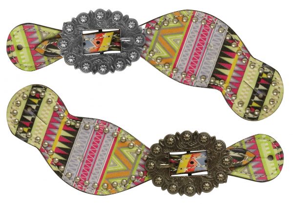 Ladies size spur straps with multi color aztec design- Ladies size spur straps with multi color aztec design