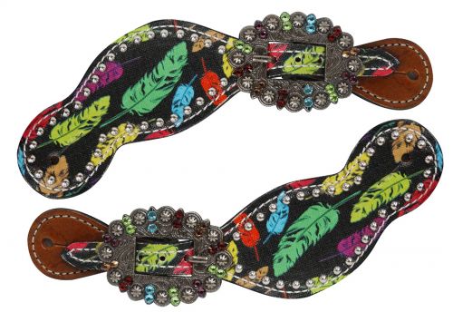 Ladies Size Leather Spur Straps with feather print- Ladies Size Leather Spur Straps with feather print