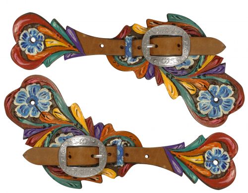Ladies hand painted floral tooled spur straps-Ladies hand painted floral tooled spur straps