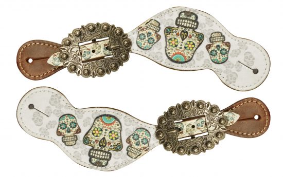 Ladies Size Leather Spur Straps with Sugar Skull print- Ladies Size Leather Spur Straps with Sugar Skull print