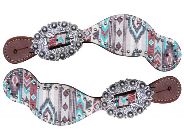 Ladies Size Leather Spur Straps with Navajo diamond print-Ladies Size Leather Spur Straps with Navajo diamond print