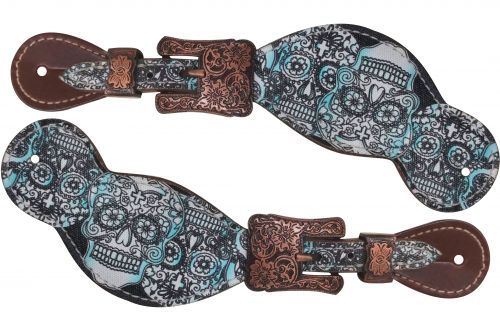 Ladies Size Leather Spur Straps with blue tinted sugar skull print- Ladies Size Leather Spur Straps with blue tinted sugar skull print