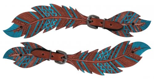 Ladies Cut- out teal painted feather spur straps- Ladies Cut- out teal painted feather spur straps