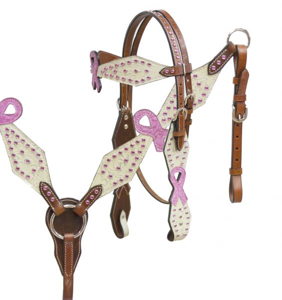 Headstall and breast collar set with cut out pink ribbons-Headstall and breast collar set with cut out pink ribbons