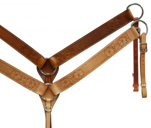 Leather breastcollar has floral and basketweave tooling-Leather breastcollar has floral and basketweave tooling