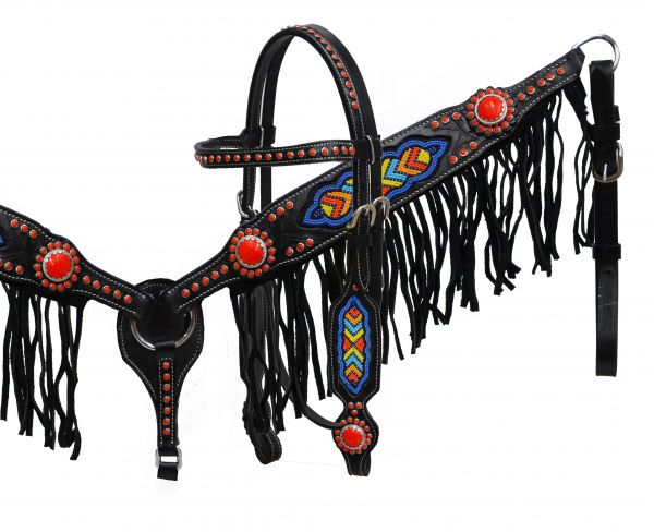 Black leather headstall and breast collar set with multi colored beaded design-Black leather headstall and breast collar set with multi colored beaded design