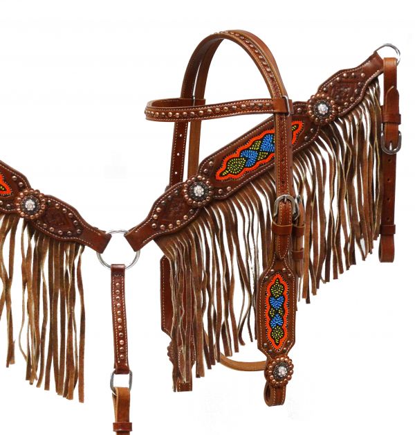 Medium leather headstall and breast collar set with multi colored beaded design and fringe-Medium leather headstall and breast collar set with multi colored beaded design and fringe