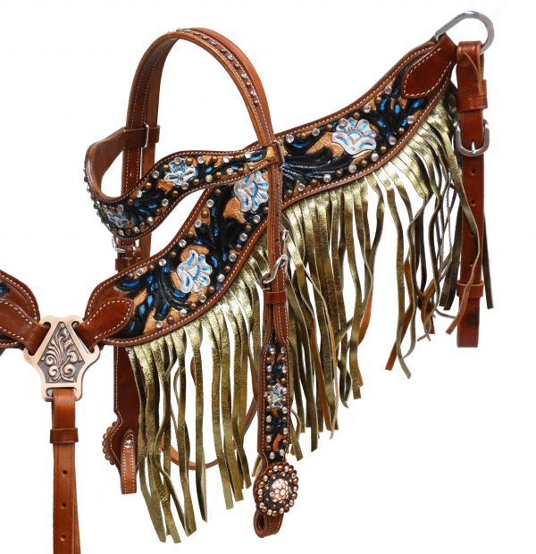 Gold shimmer fringe headstall and breast collar set- Gold shimmer fringe headstall and breast collar set