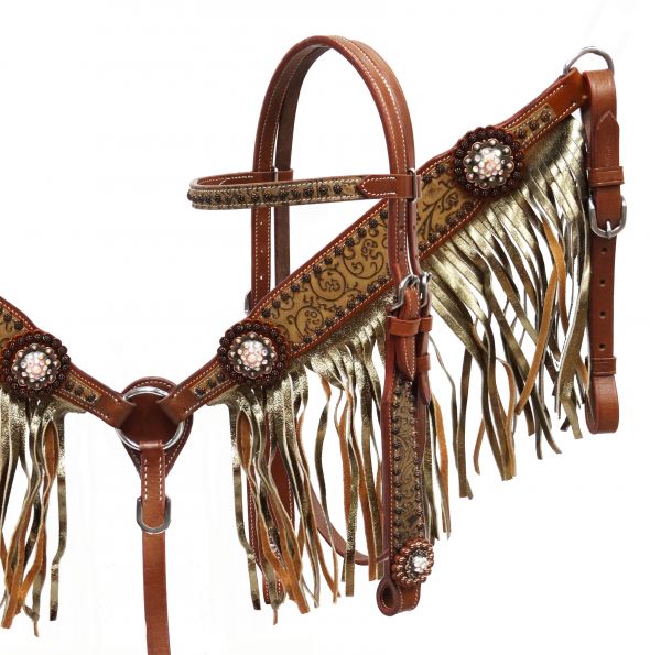 Gold shimmer fringe headstall and breast collar set-Gold shimmer fringe headstall and breast collar set