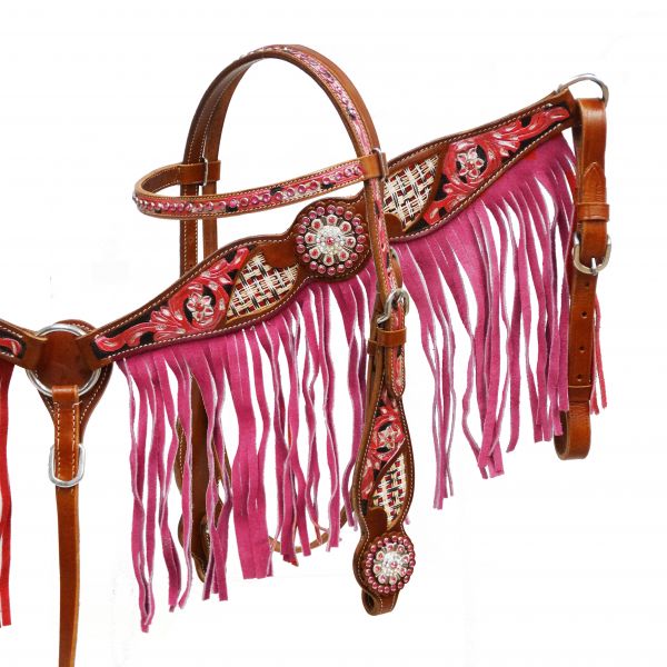 Pink fringe headstall and breast collar set-Pink fringe headstall and breast collar set
