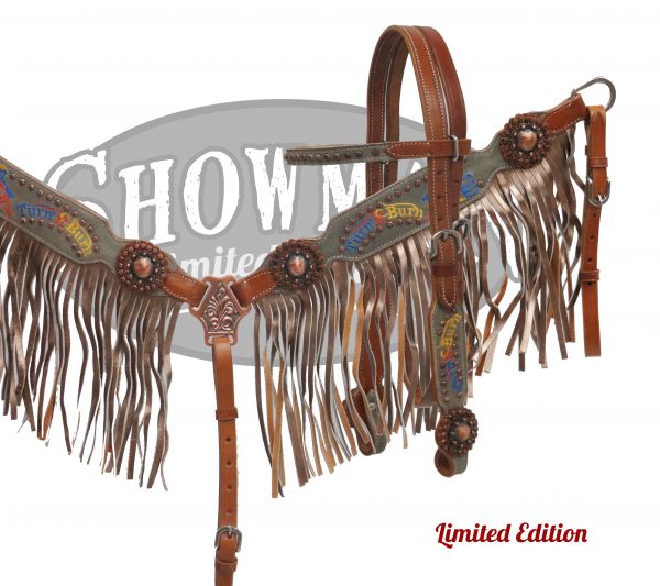 LIMITED EDITION Embroidered "Turn n Burn" fringe headstall and breast collar set- LIMITED EDITION Embroidered Turn n Burn fringe headstall and breast collar set
