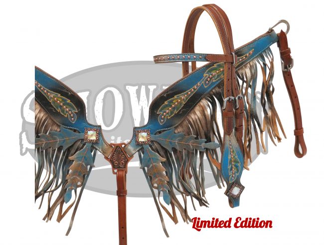 LIMITED EDITION Black and blue painted headstall and breast collar set with feather design- LIMITED EDITION Black and blue painted headstall and breast collar set with feather design