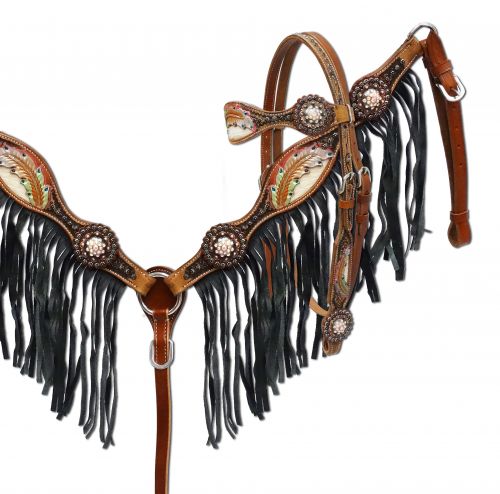 Textured fringe headstall and breast collar set-Textured fringe headstall and breast collar set