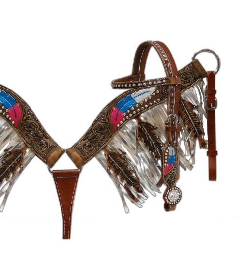 Metallic painted headstall and fringe breast collar set- Metallic painted headstall and fringe breast collar set