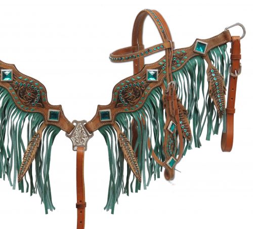 Feather fringe headstall and breast collar set-Feather fringe headstall and breast collar set