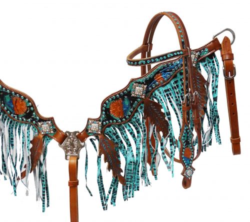 Metallic painted headstall and fringe breast collar set- Metallic painted headstall and fringe breast collar set