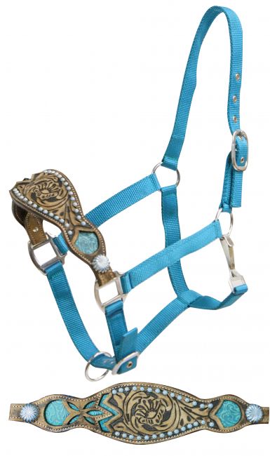 2 ply teal nylon bronc halter with filigree print inlay-2 ply teal nylon bronc halter with filigree print inlay