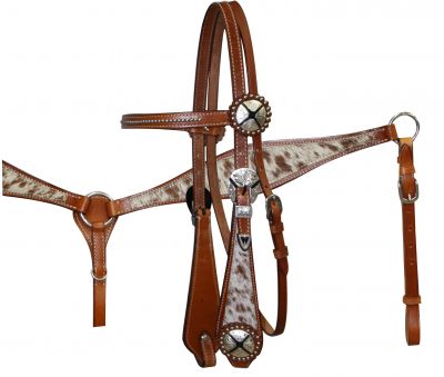 Double Stitched Leather Headstall and Breast Collar Set with Hair On Cowhide Overlay-Double Stitched Leather Headstall and Breast Collar Set with Hair On Cowhide Overlay